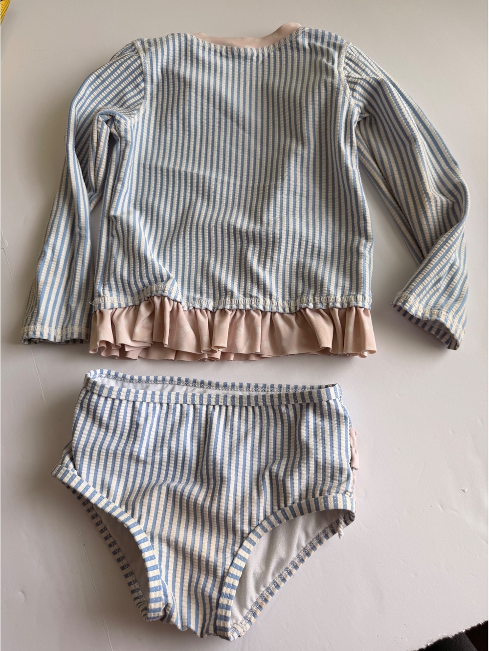RuffleButts Blue White Seersucker Stripe Long Sleeve Swimsuit 3T - Picture 3 of 6
